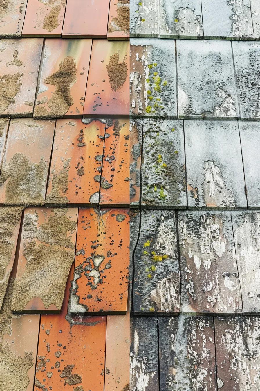 Side-by-side comparison of soft wash and pressure washing showing different impacts on roof materials
