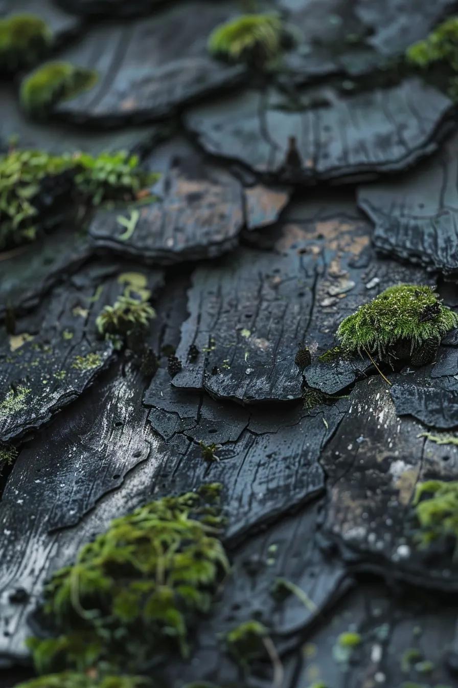 Close-up of a neglected roof with dark streaks and moss growth