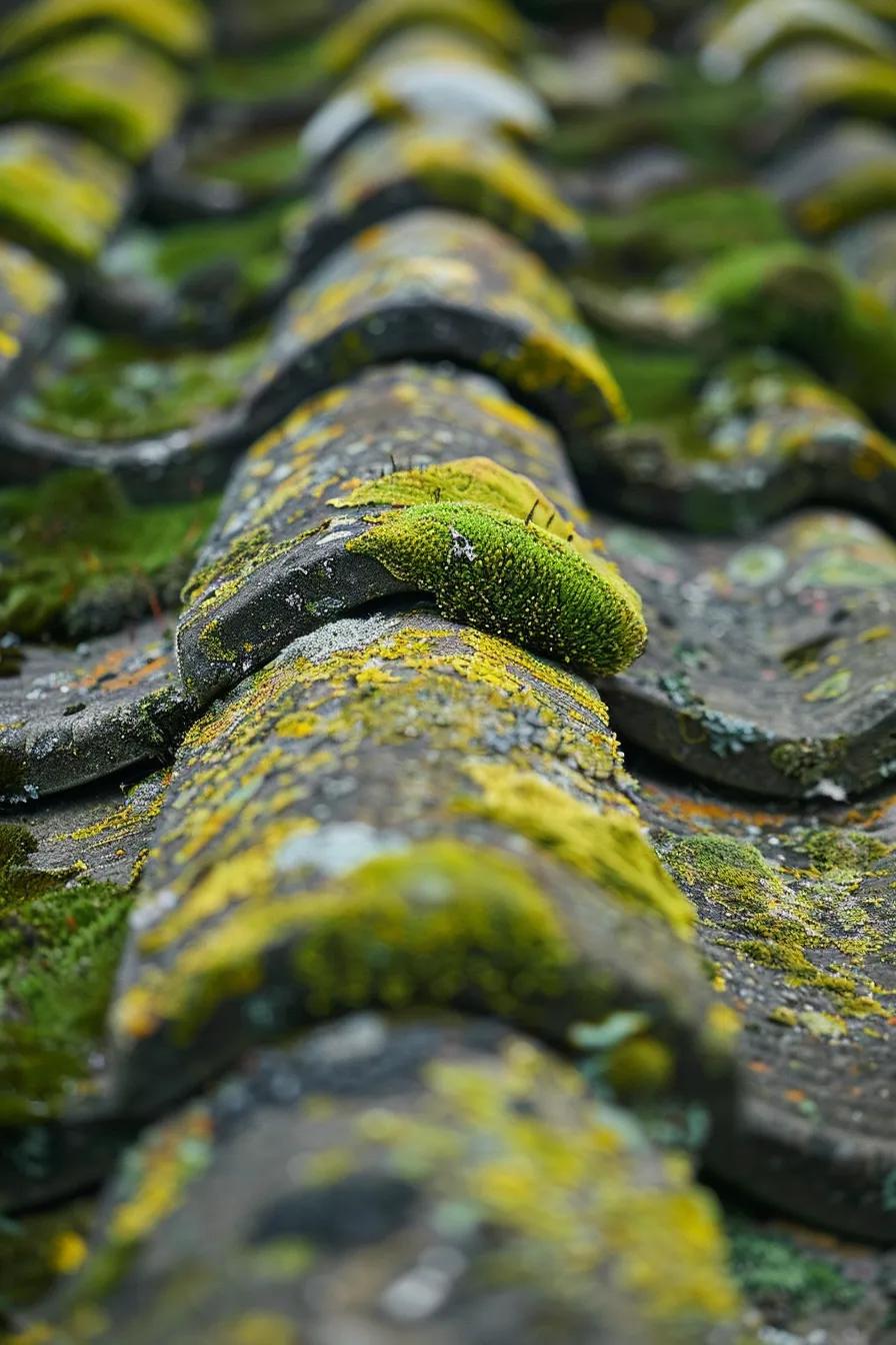 Close‑up of a roof showing algae, moss, and lichen to help homeowners identify roof contaminants