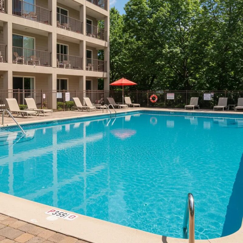 Beautifully maintained pool deck with sparkling water and lush surroundings