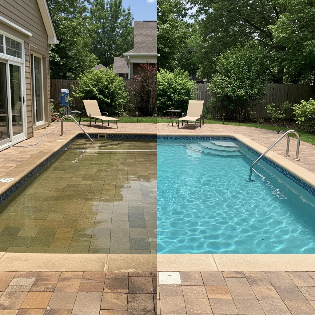 Before-and-after comparison of a pool area, highlighting the aesthetic advantages of professional cleaning services
