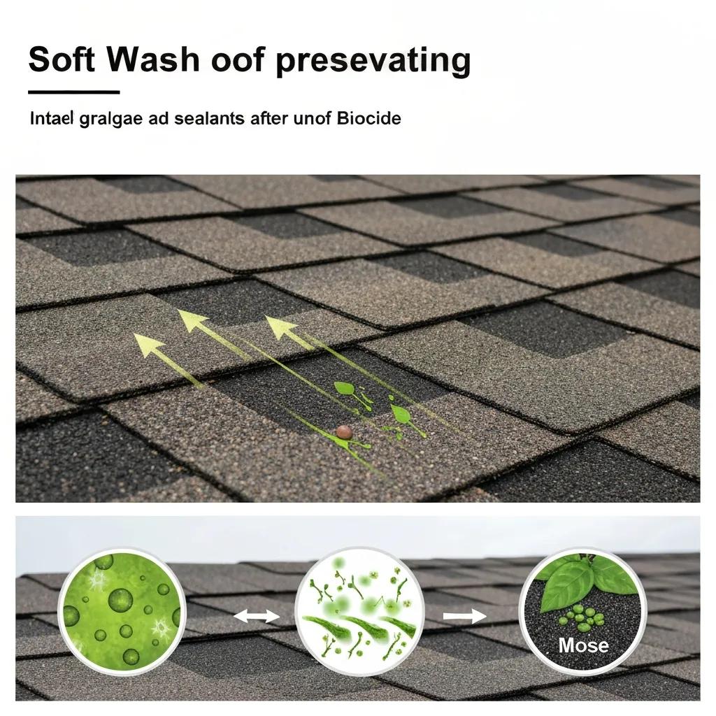 Close-up of asphalt shingles after a soft wash showing intact granules and a clean surface