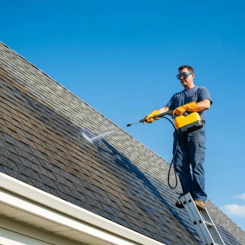 Homeowner using a soft‑wash sprayer to clean a roof — safe, effective roof cleaning
