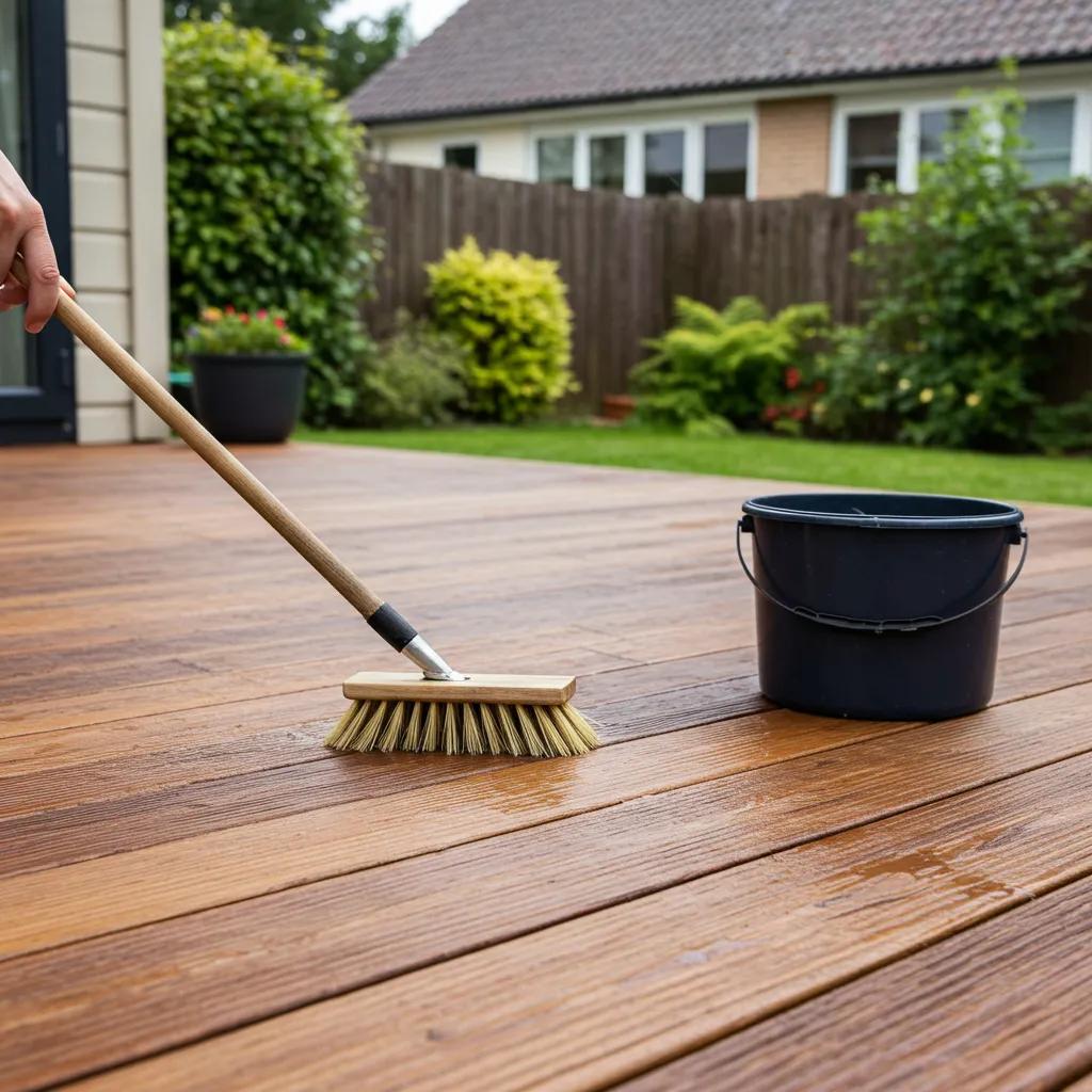 Person manually cleaning a wooden deck with a brush, illustrating traditional cleaning methods
