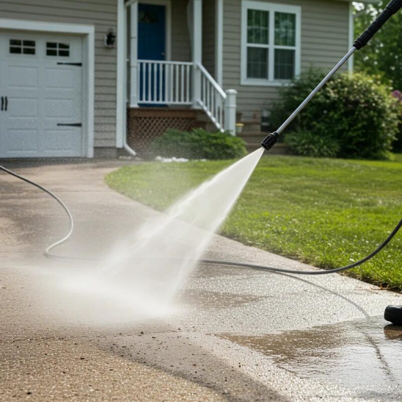 Pressure washing service in action, showcasing a technician cleaning a driveway with a pressure washer