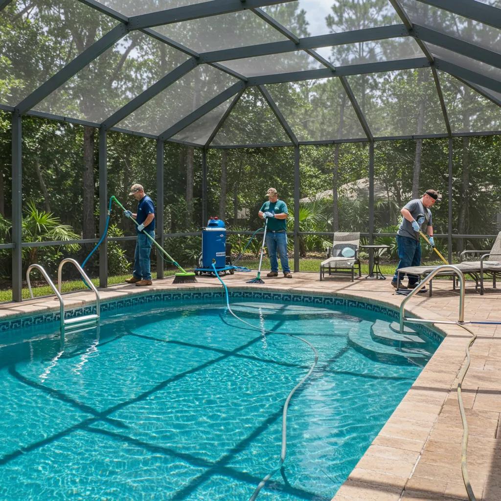 Professional pool cleaning service in Citrus County, showcasing technicians cleaning a pool cage and deck with eco-friendly equipment