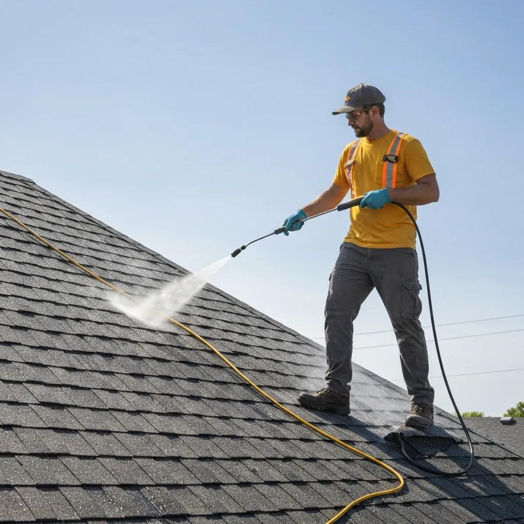 Technician demonstrating a soft‑wash system to show safe roof cleaning methods