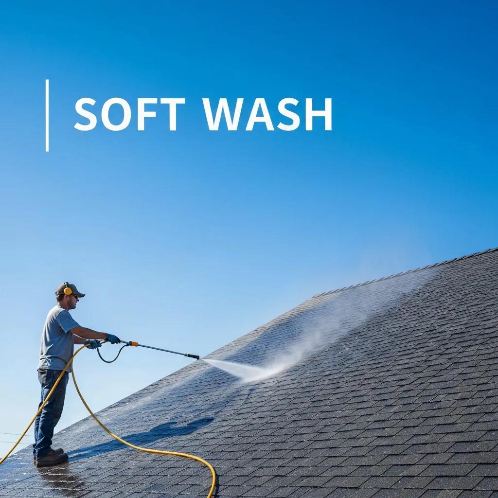 Technician performing a professional soft wash on a roof using low‑pressure, chemical-based cleaning