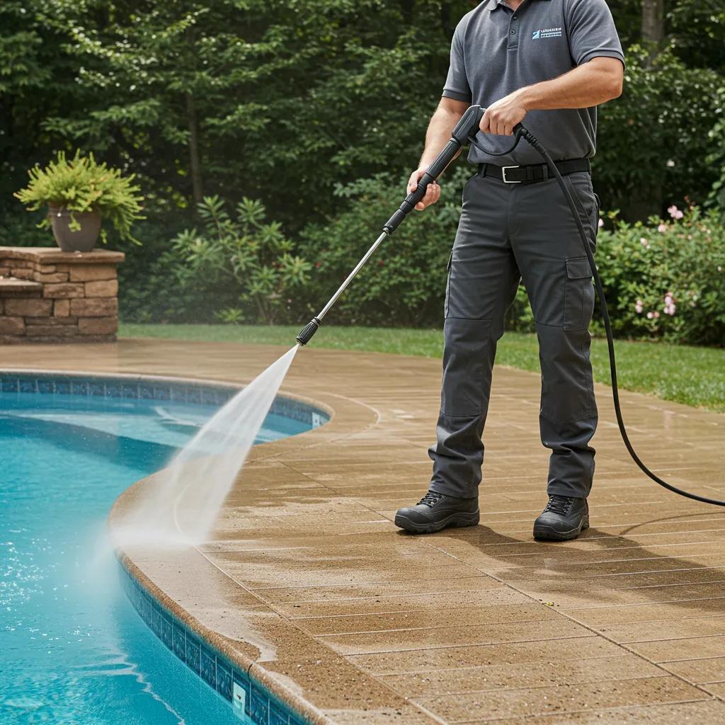 Professional technician pressure washing a pool deck to remove dirt and stains