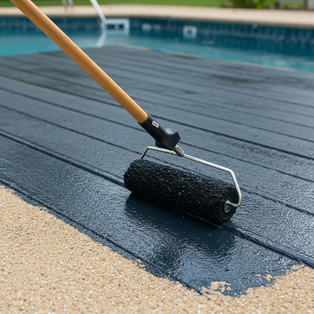 Technician applying sealant to a pool deck for protection and maintenance
