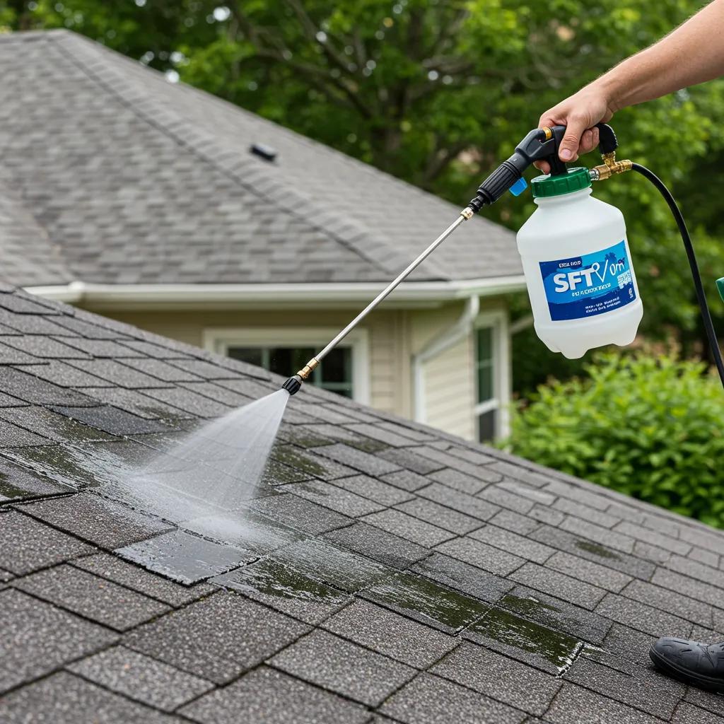 Technician applying soft wash solution to a roof, demonstrating eco-friendly cleaning methods