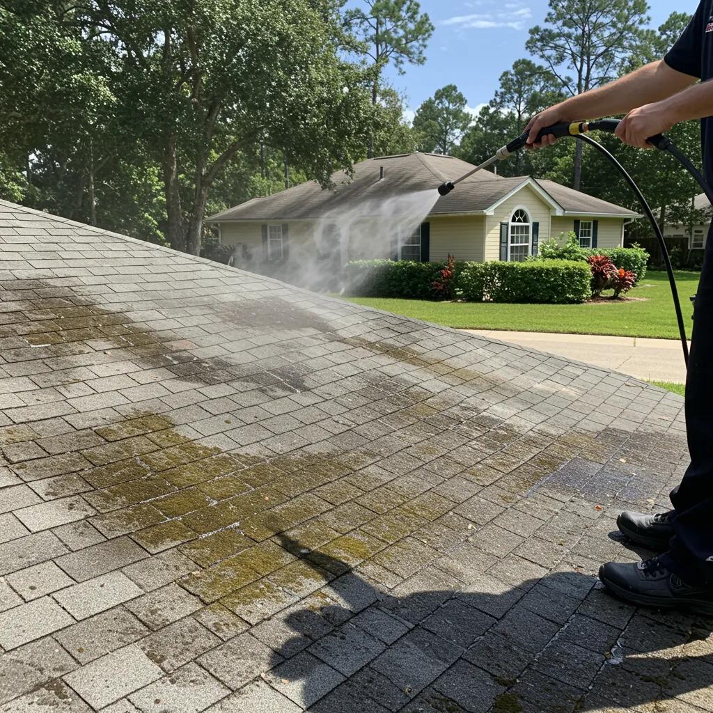 Technician performing soft wash roof cleaning with biodegradable detergents on a residential home in Citrus County