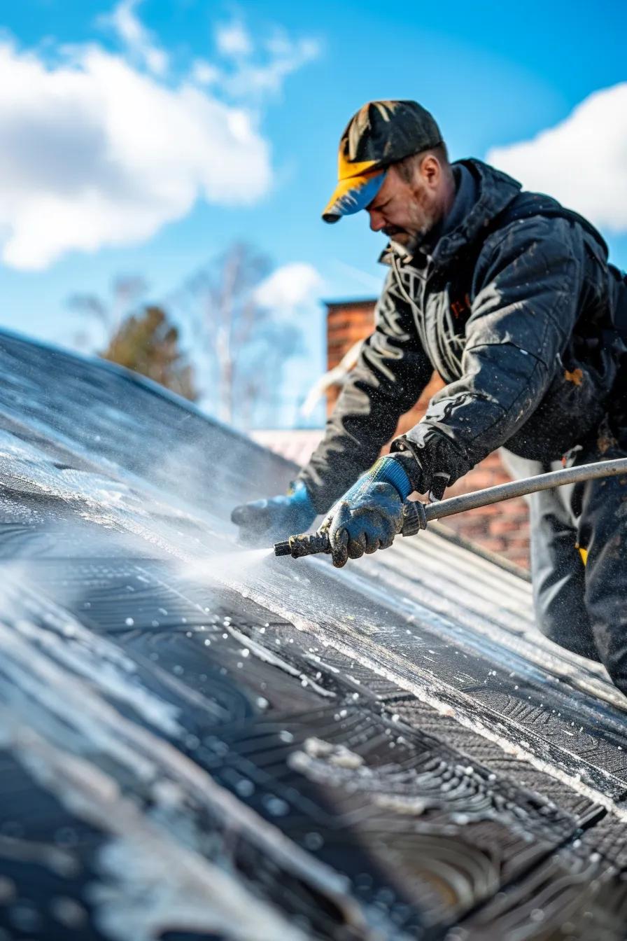 Technician applying biodegradable cleaning agents during a soft-wash roof service