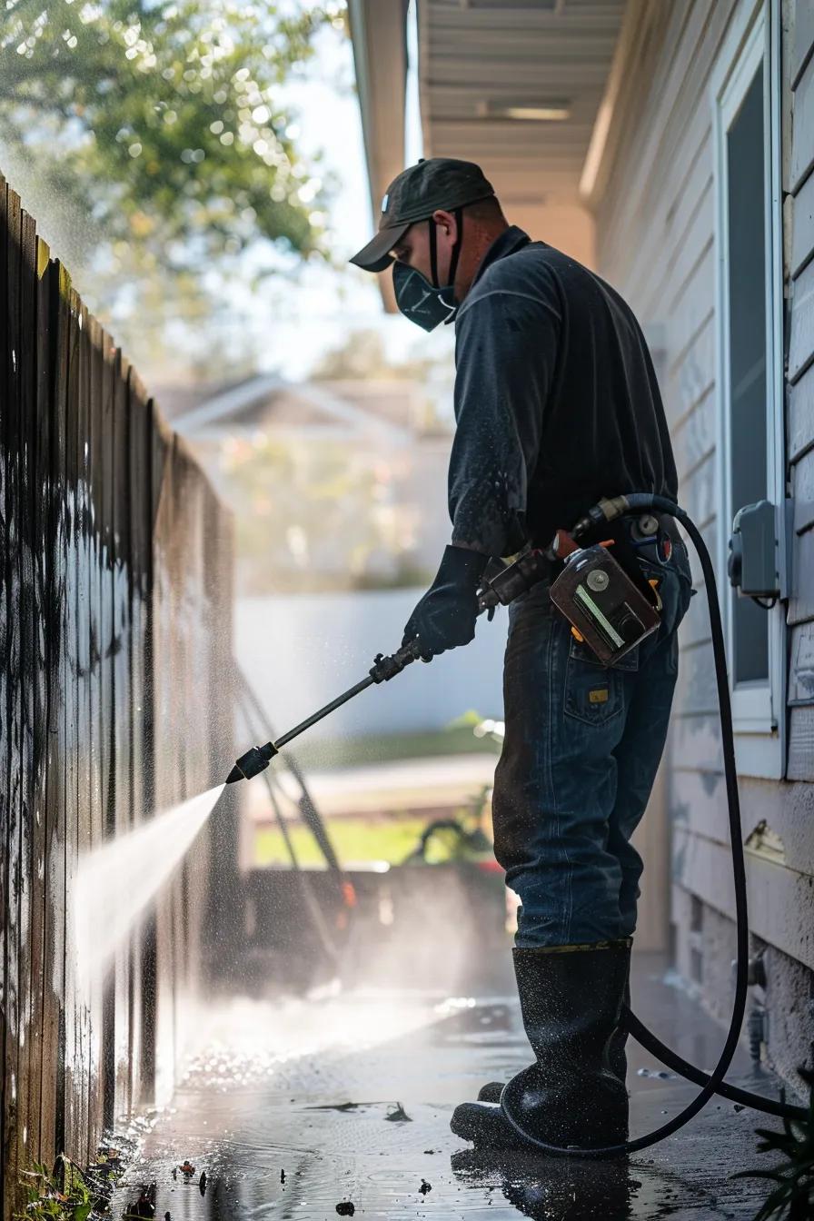 Technician performing low-pressure soft wash on a home exterior