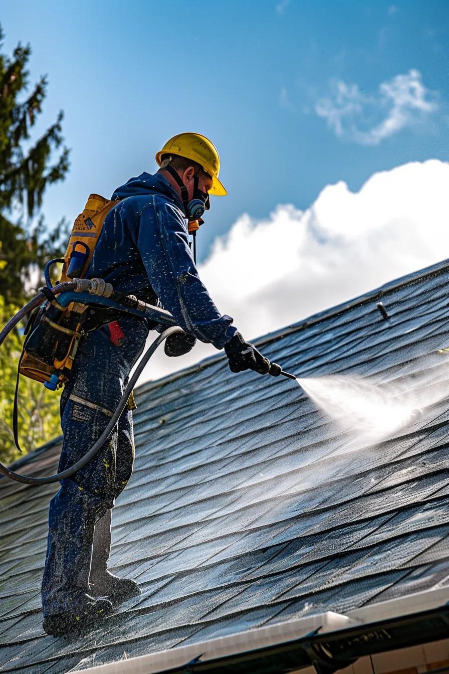 Technician using a soft‑wash system to clean shingles safely without high pressure