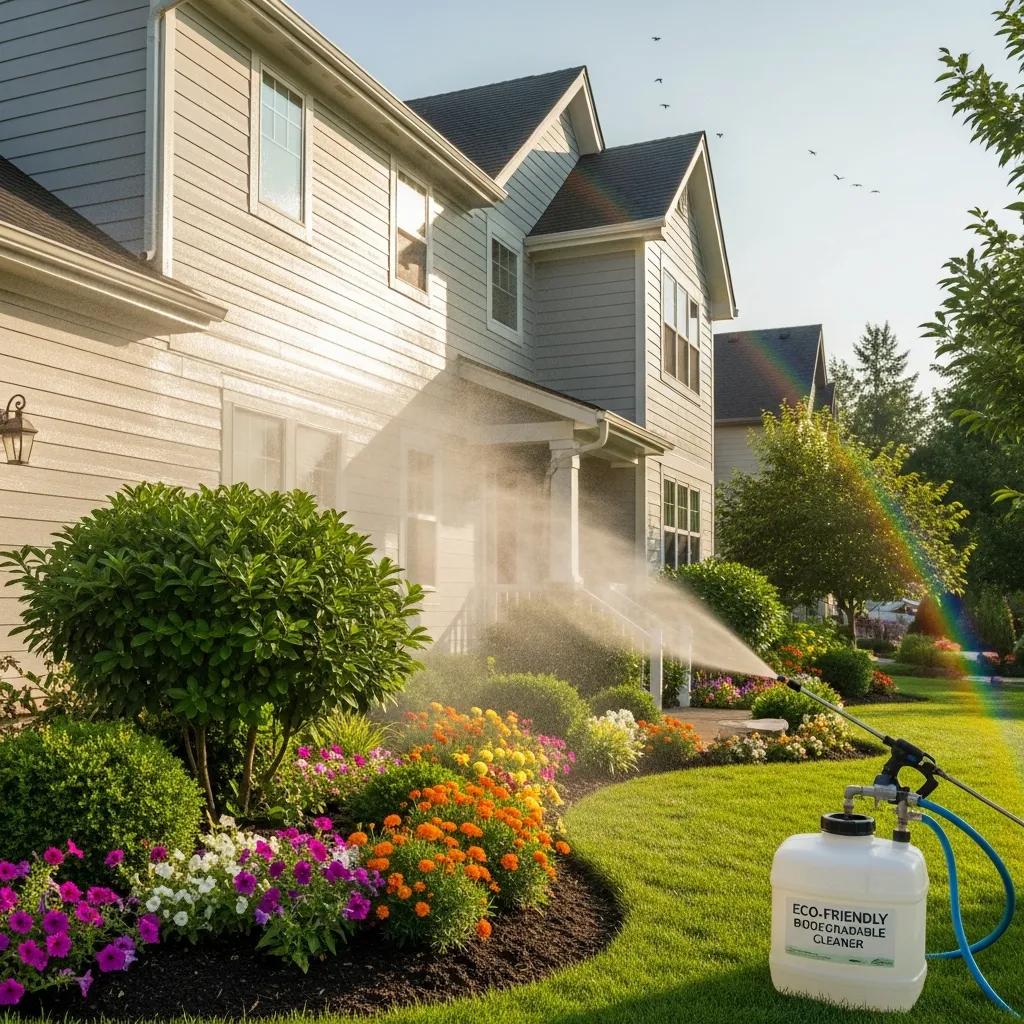 Fresh, clean home exterior after eco-friendly low-pressure wash