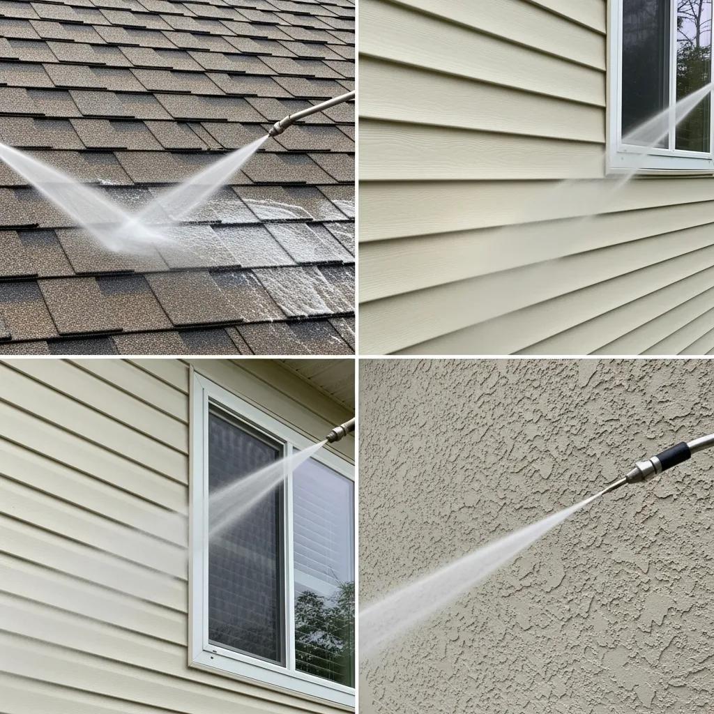 Soft washing being applied to a roof, siding, and stucco to show safe cleaning practices