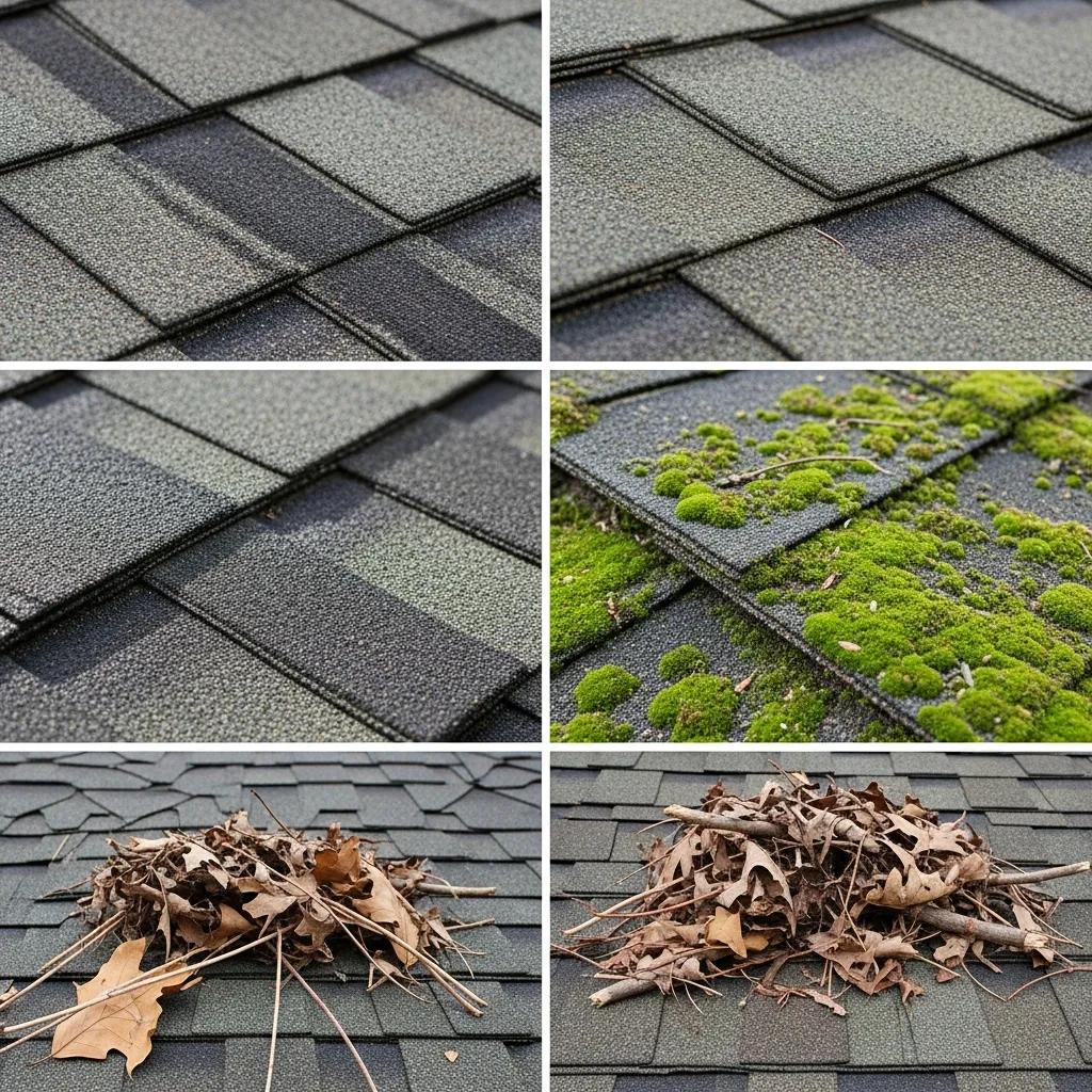 Close‑up of shingles with algae and debris buildup that can harm roof integrity