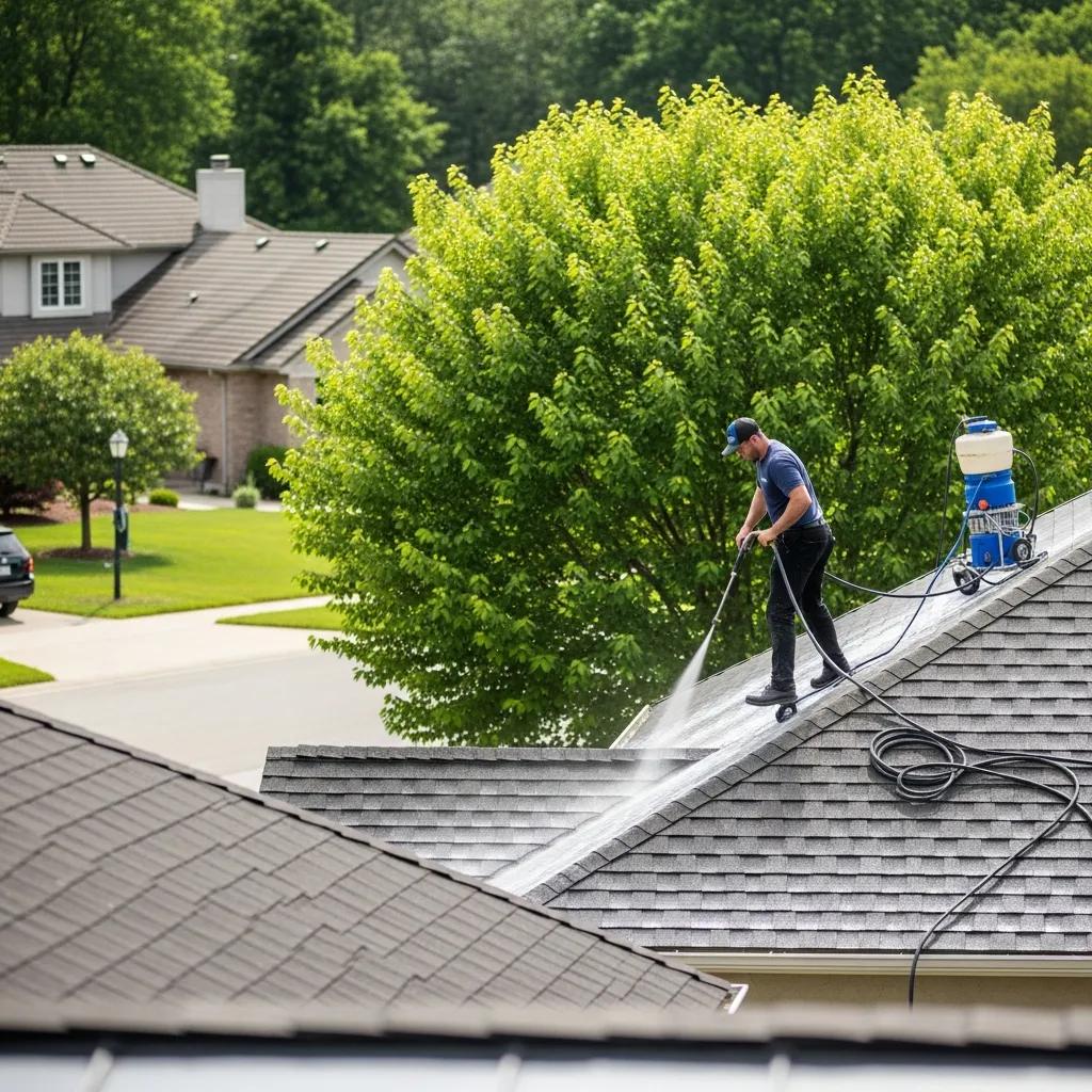 Soft‑wash roof cleaning on a residential home by a professional technician