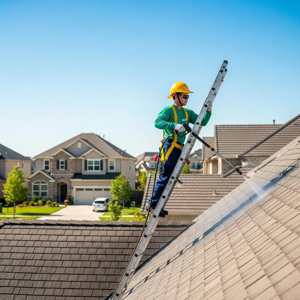 Professional roof cleaning service in action with a worker using a pressure washer on a sunny day