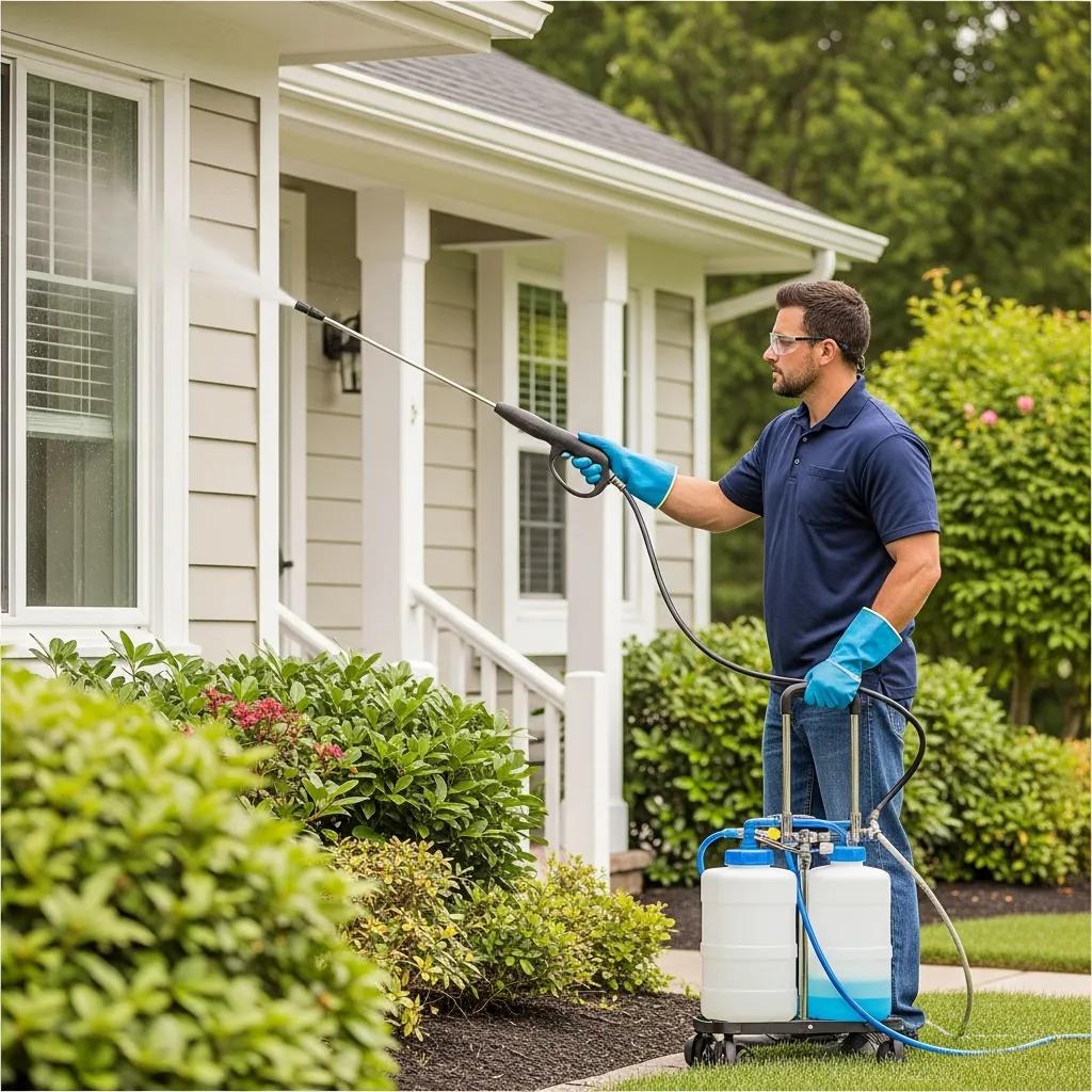 Professional technician performing low-pressure house washing on a bright home exterior surrounded by greenery