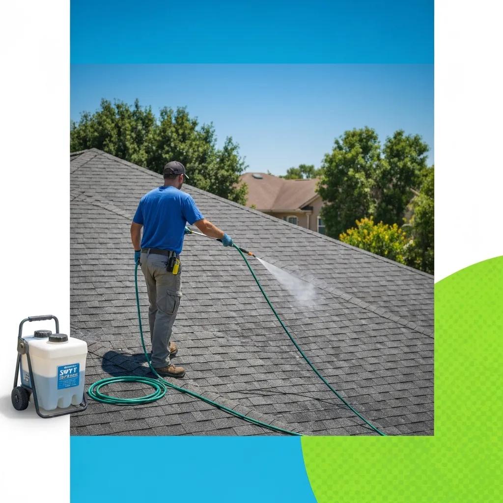 Technician performing a soft-wash roof cleaning on a residential home