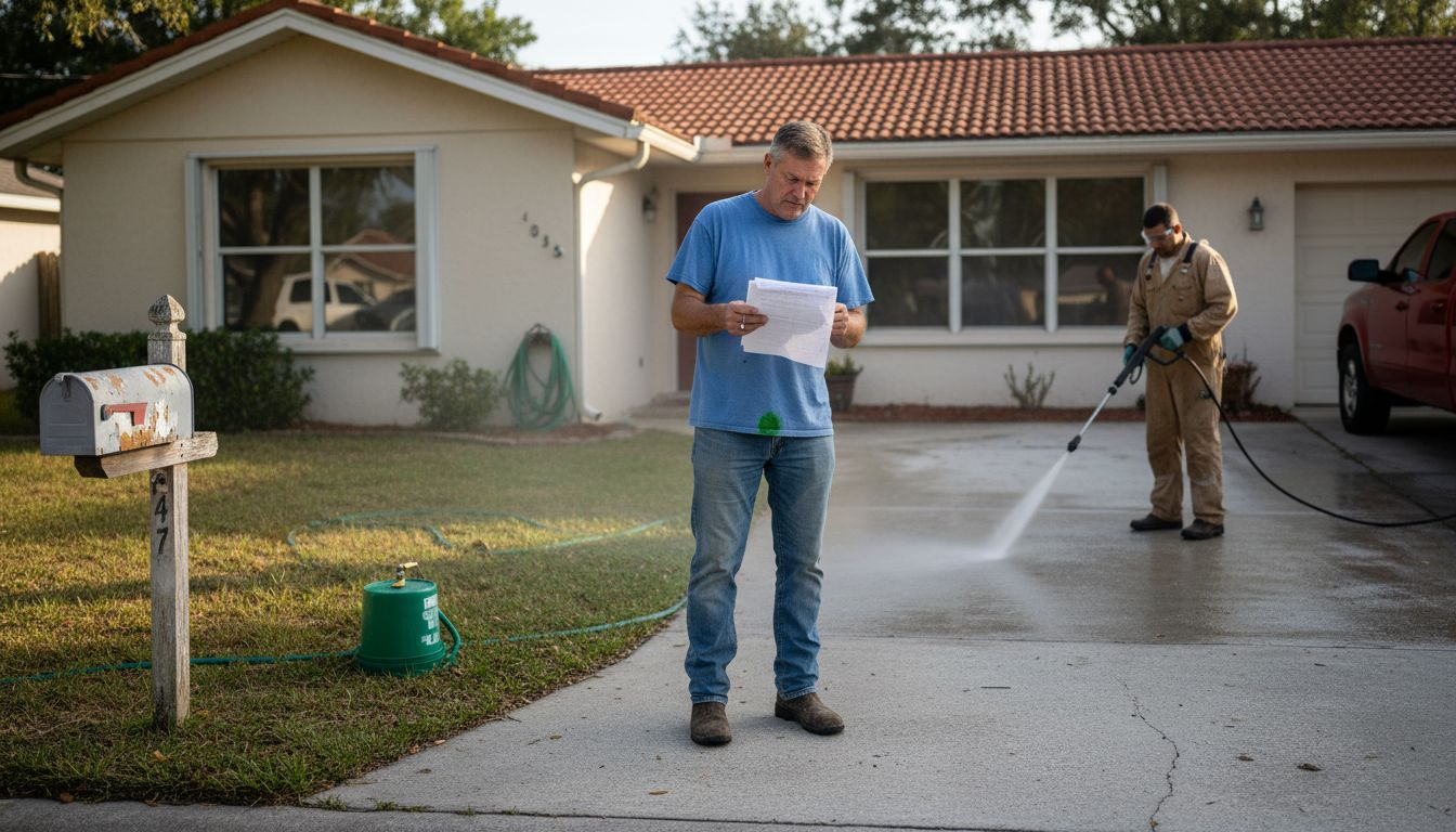 Homeowner checking exterior cleaning checklist