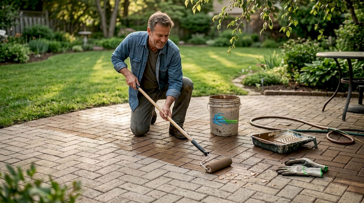 Homeowner sealing patio pavers with roller