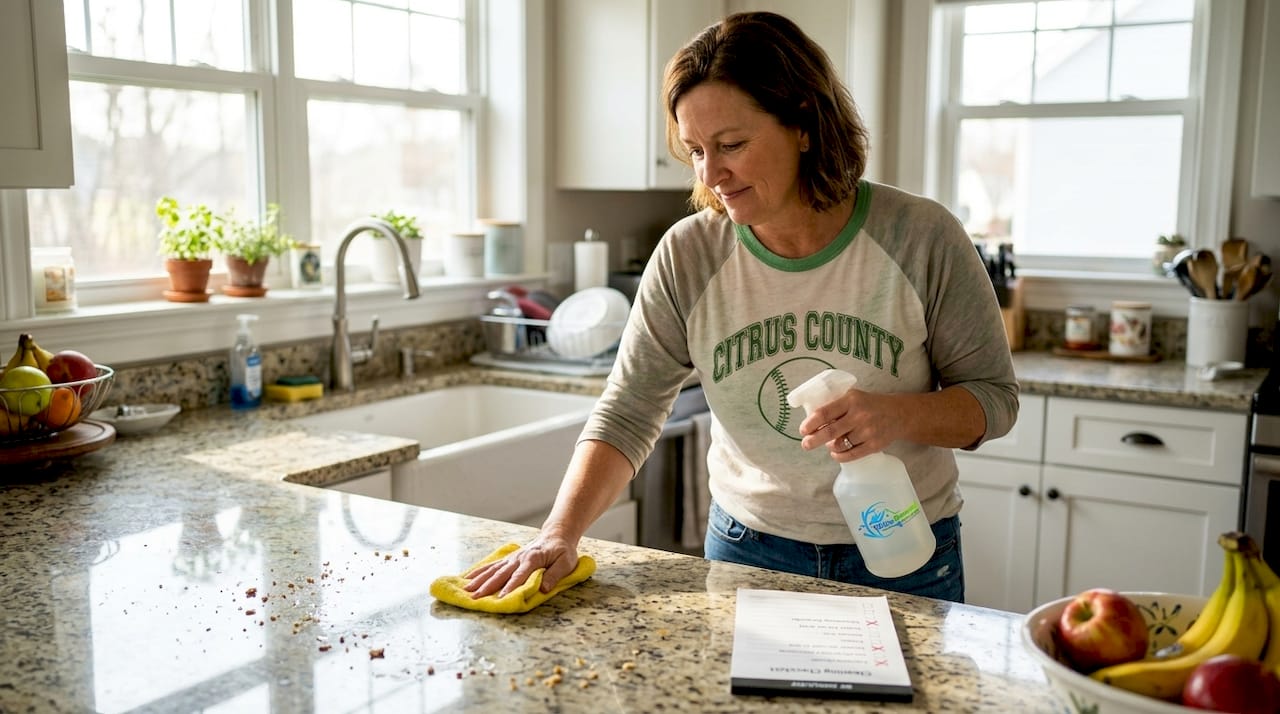 Homeowner scrubbing kitchen counter with microfiber