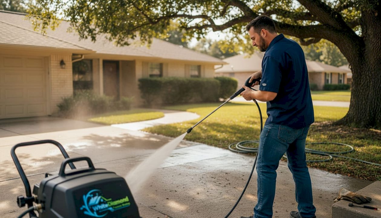 Technician pressure washing residential walkway professionally
