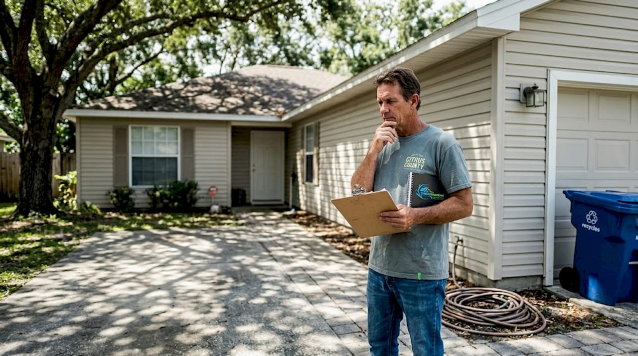 Homeowner checking cleaning tasks outside house