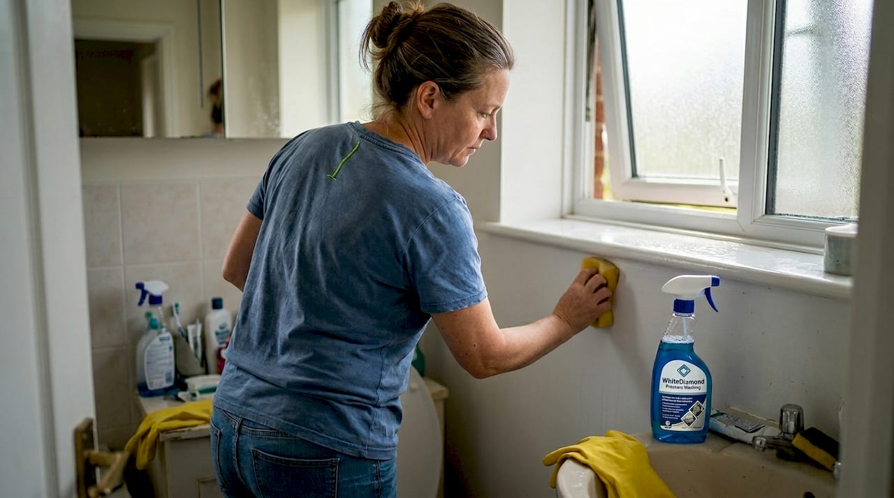 Woman cleaning bathroom mildew with sponge