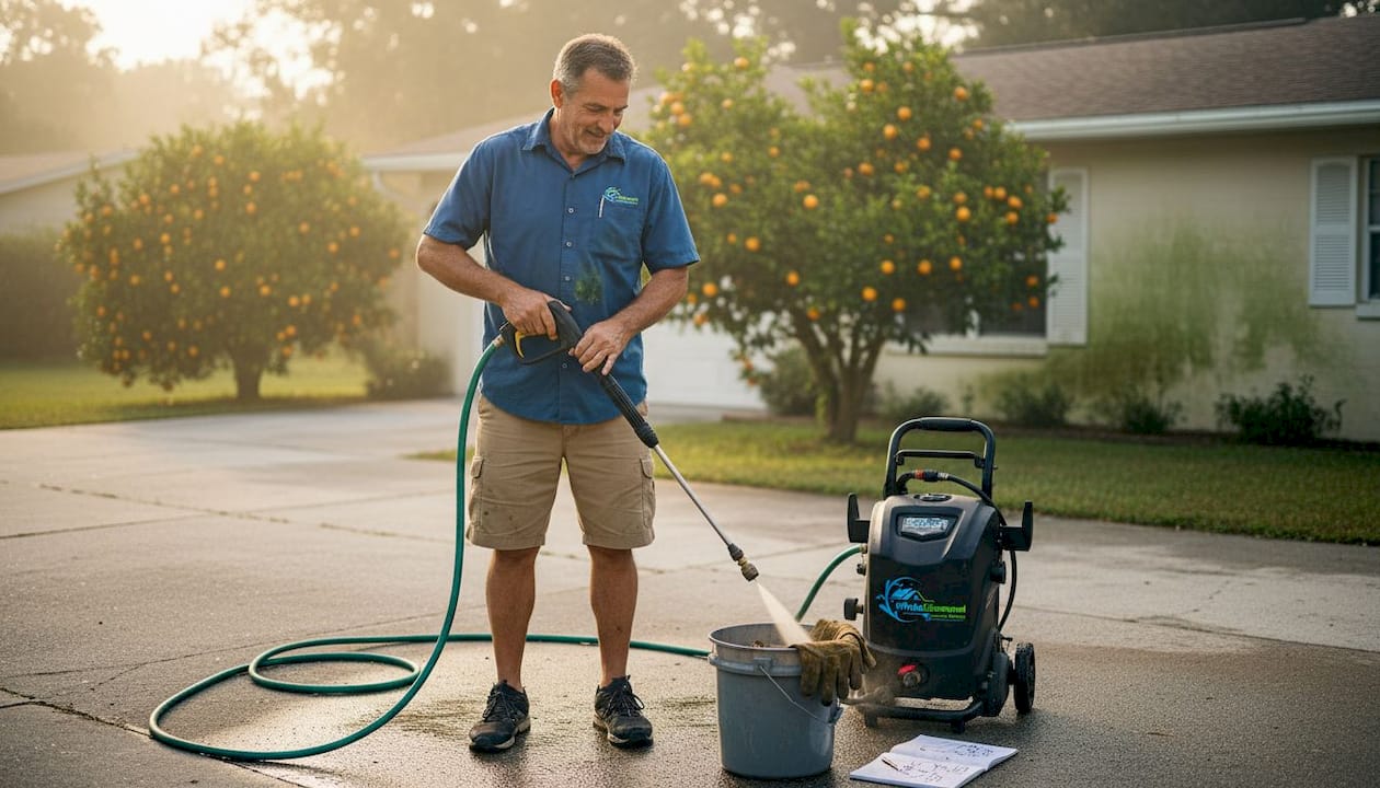 Homeowner checking pressure washer beside Citrus house
