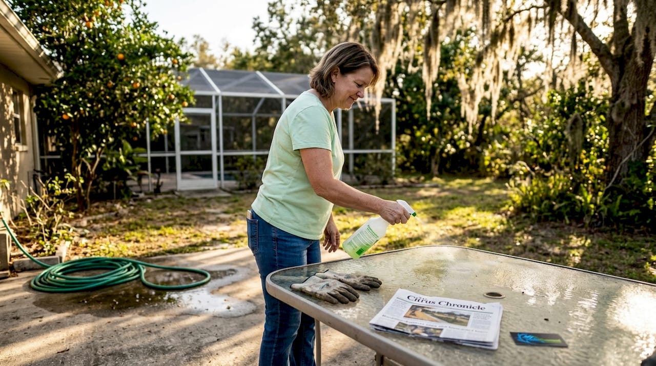 Woman using biodegradable cleaner outdoors