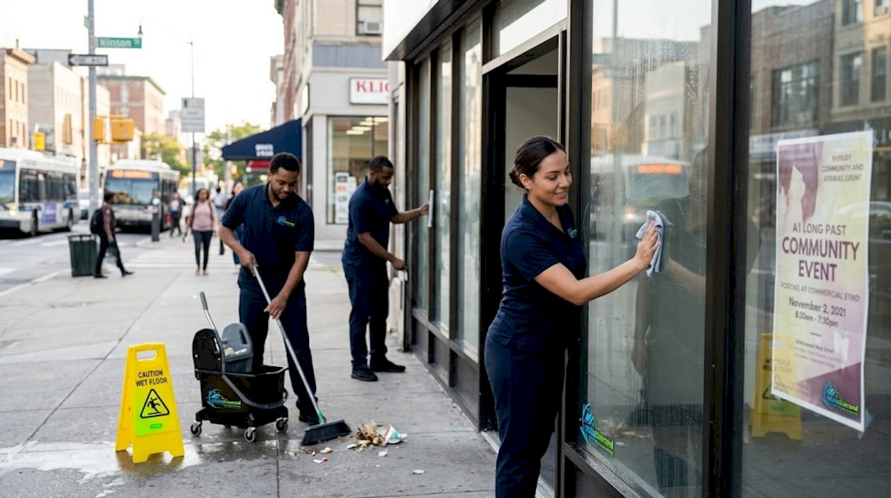 Cleaners working on a commercial storefront