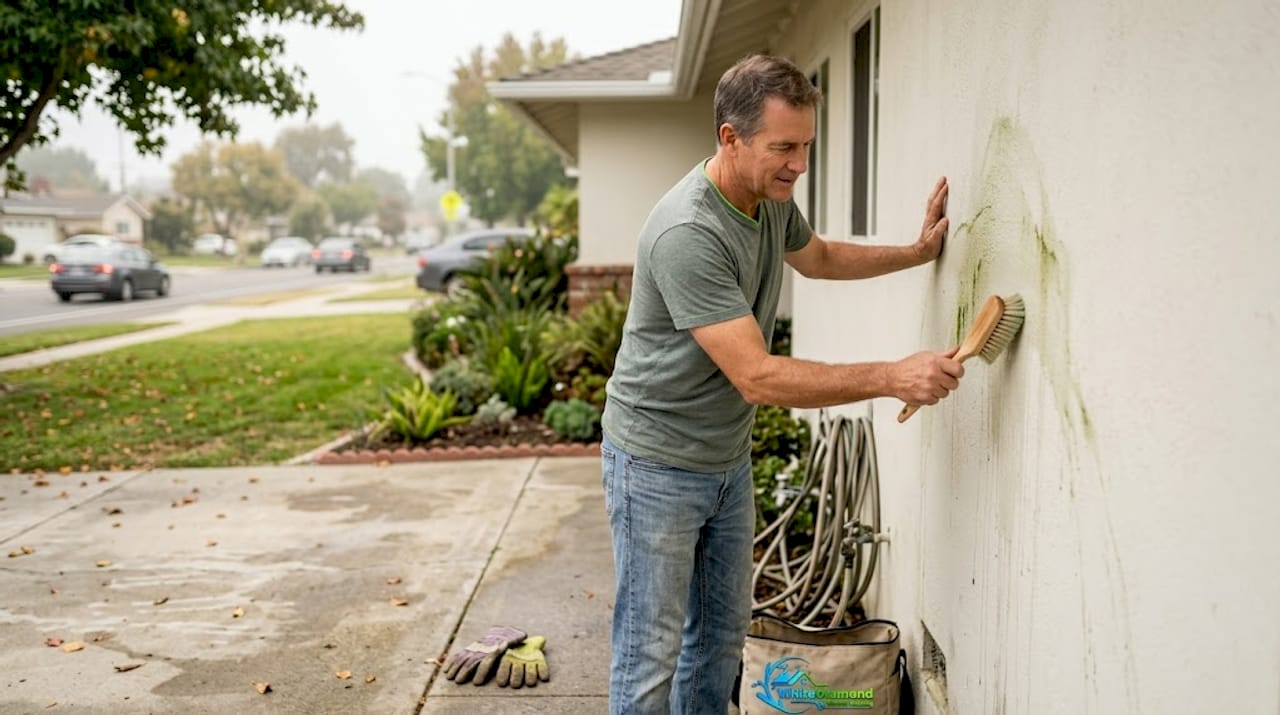 Homeowner restoring stucco wall curb appeal