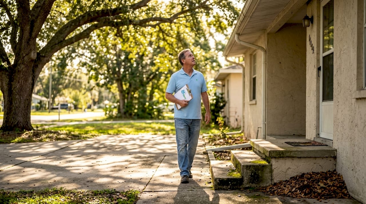 Homeowner checking exterior for water damage