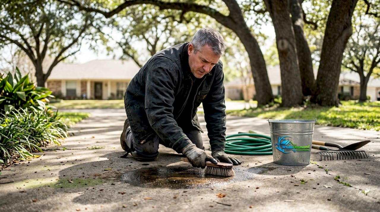 Homeowner cleaning oil stain on driveway