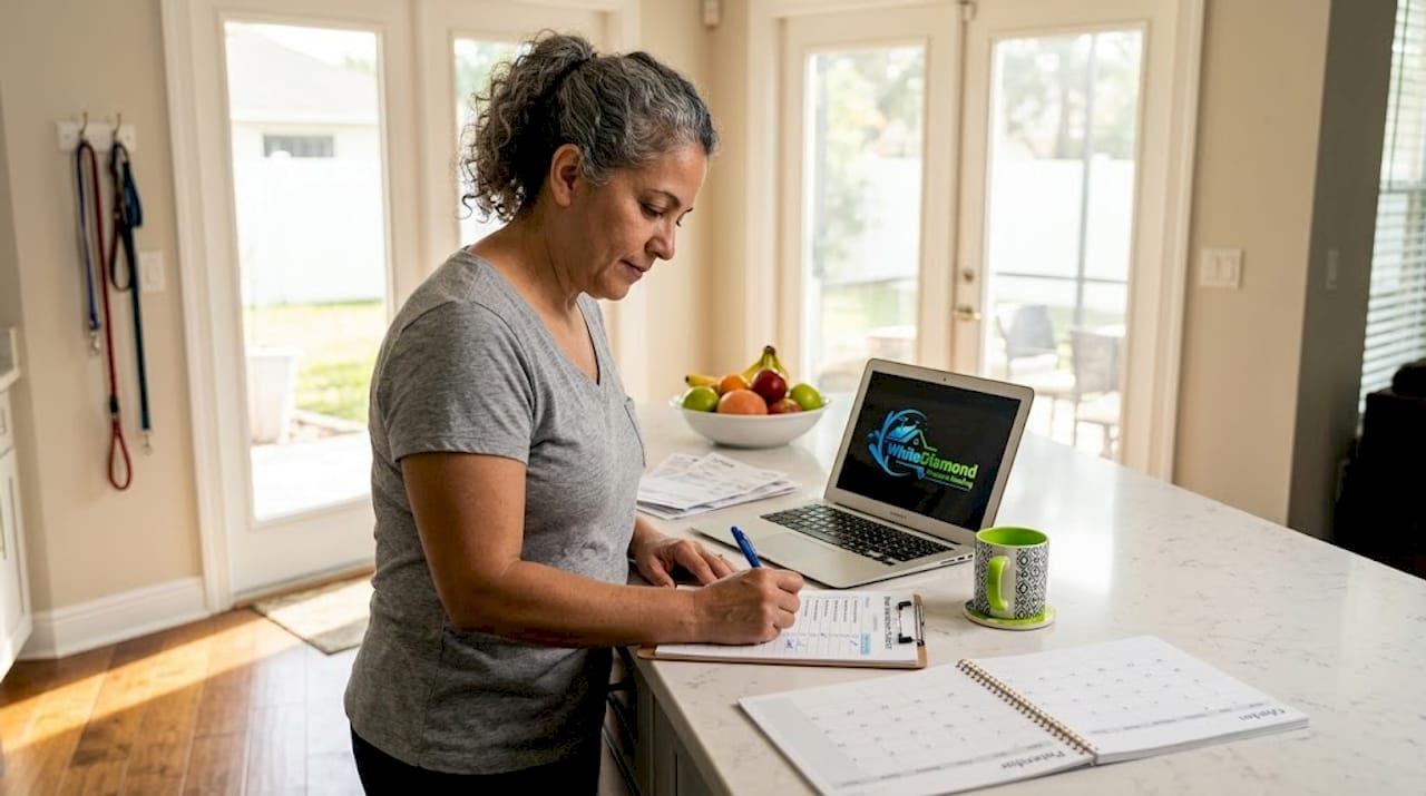 Homeowner planning exterior maintenance checklist