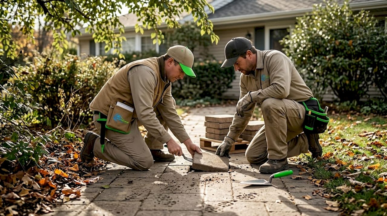 Workers restoring garden walkway with pavers