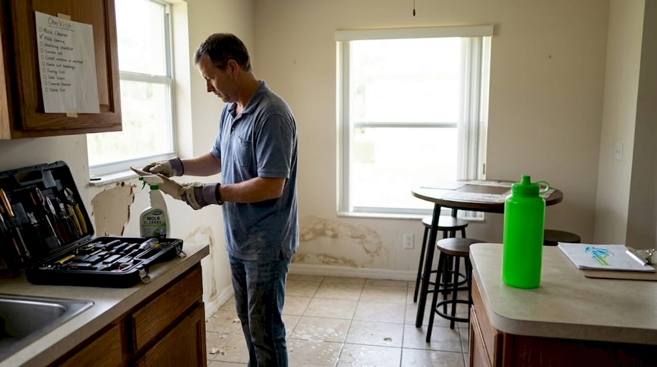 Homeowner removing moldy drywall in kitchen