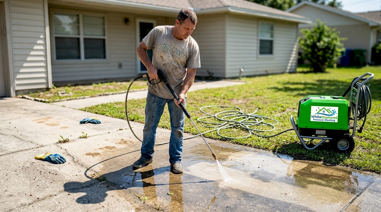 Homeowner safely pressure washing driveway