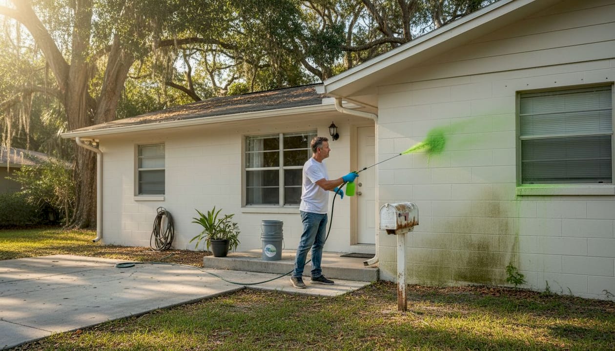 Homeowner pre-treats siding for cleaning