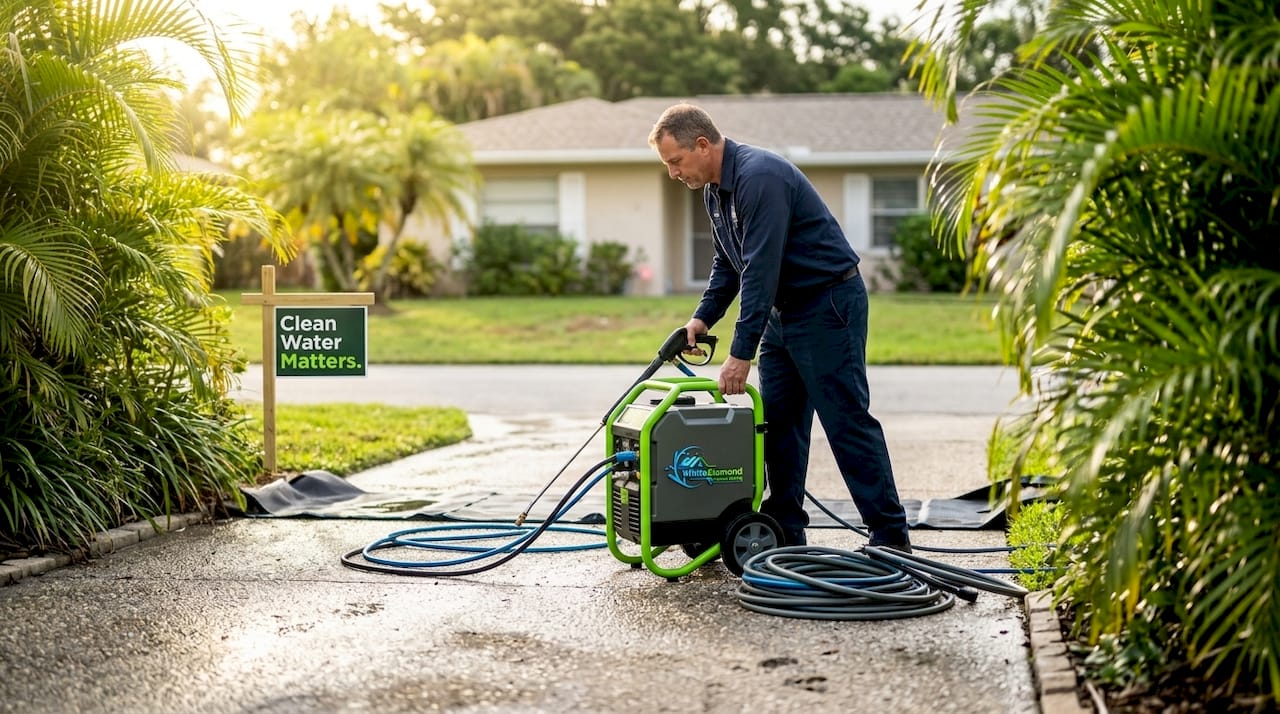 Technician using water reclamation pressure washer
