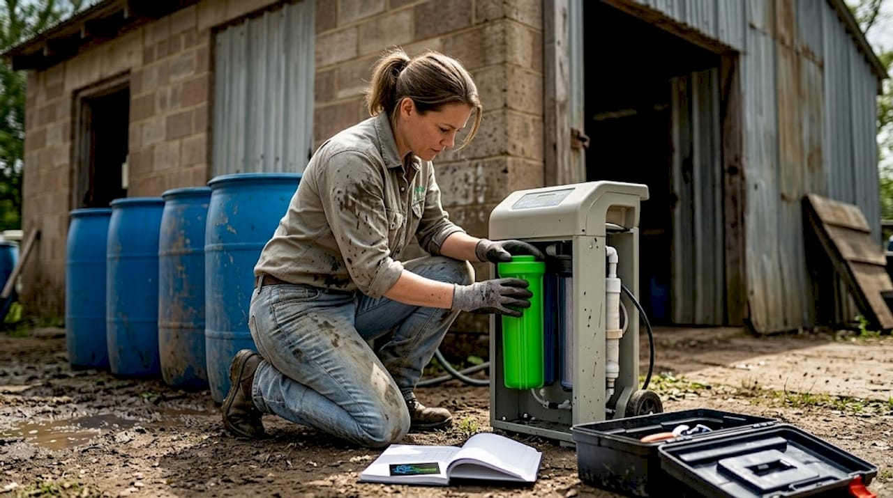 Worker inspecting portable filtration system