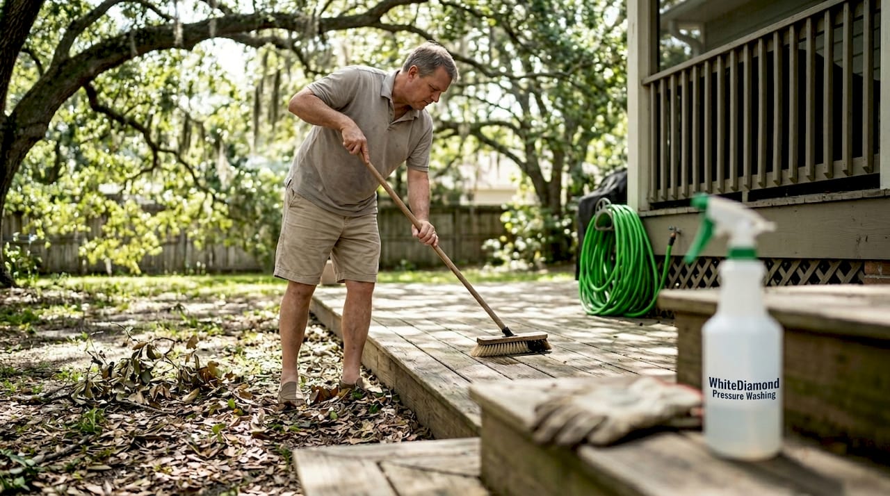 Homeowner cleaning deck with eco-friendly supplies