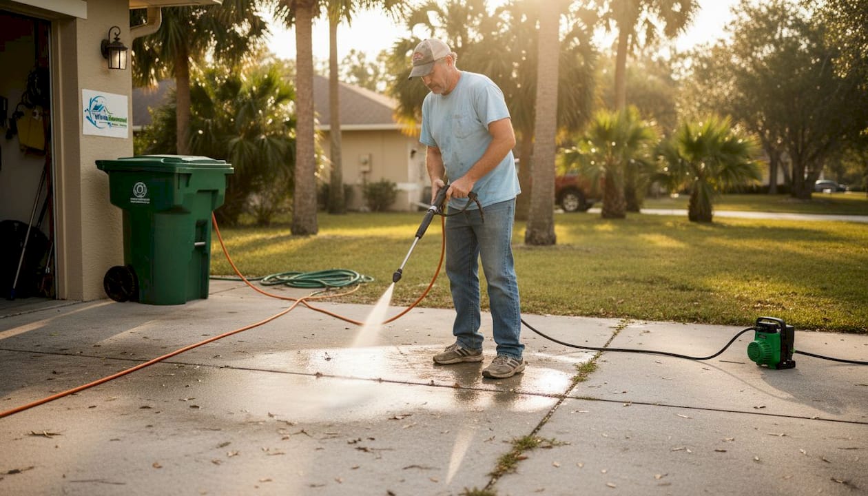 Homeowner pressure washing driveway in sunlight