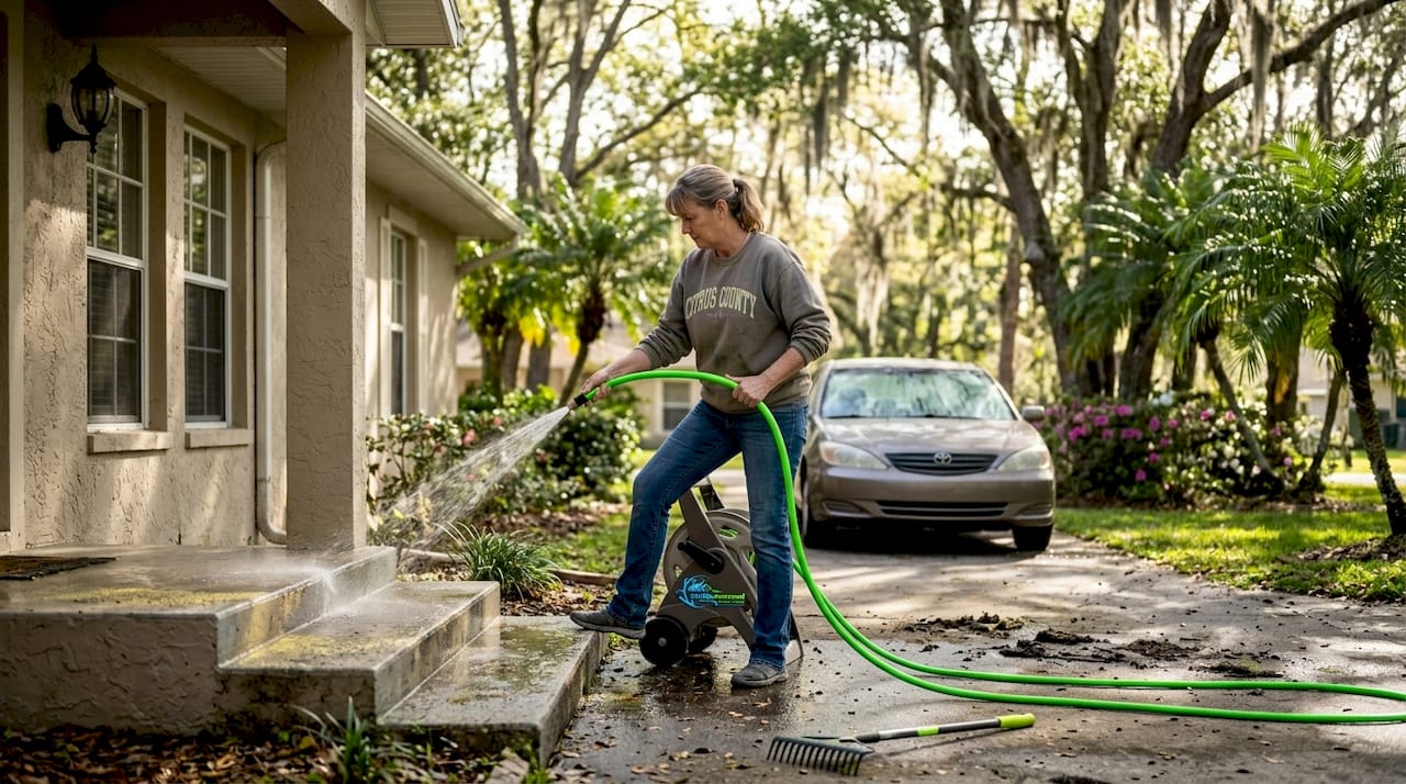 Homeowner cleaning driveway in Citrus County