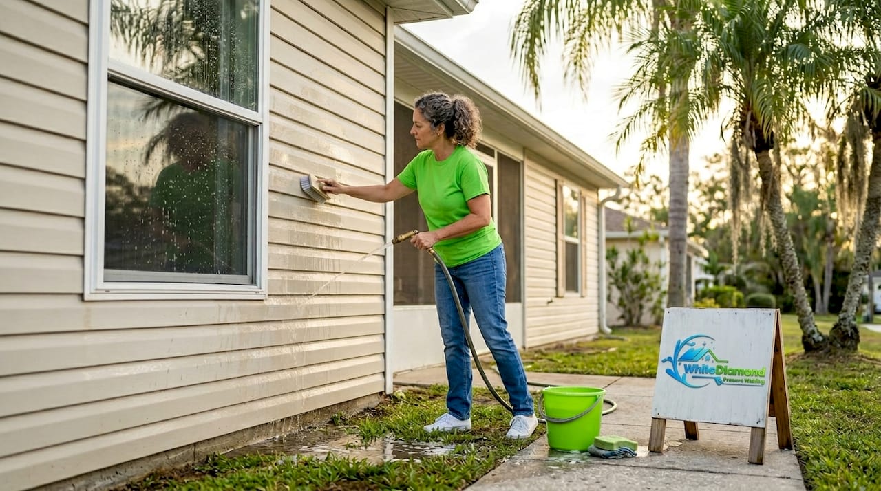 Homeowner gently washing house siding