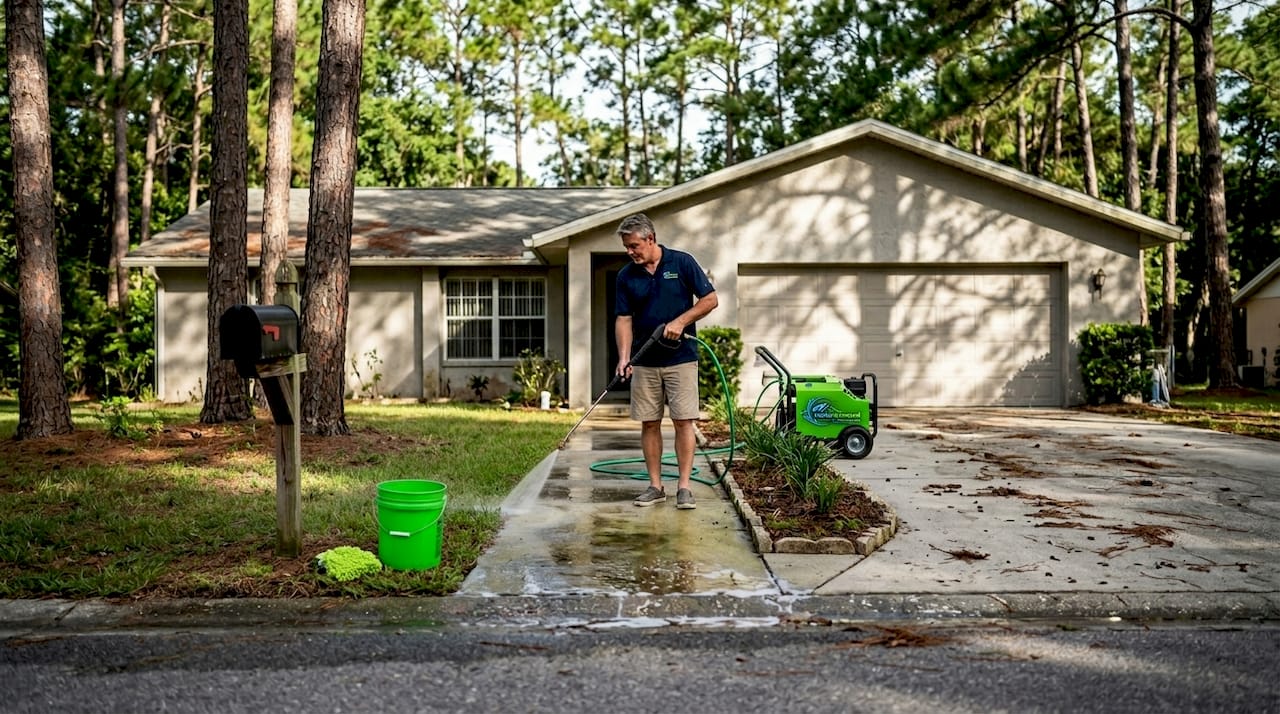 Homeowner cleaning walkway in summer Florida sunlight